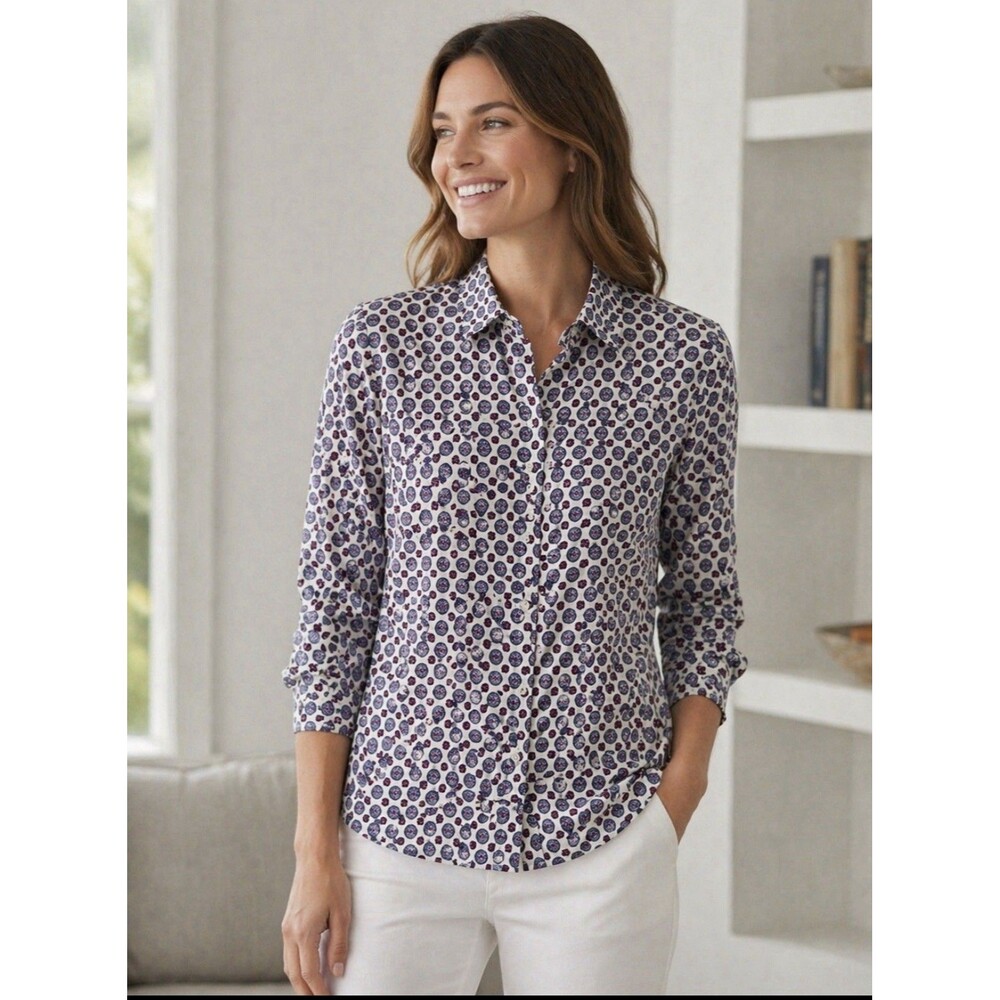 Talbots Plus Non Iron Womens 20W Purple White Geometric Stretch Button Up Blouse